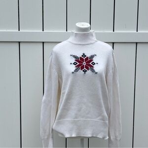 Liz Claiborne Crazy Horae White Turtleneck Sweater with Red Snowflake